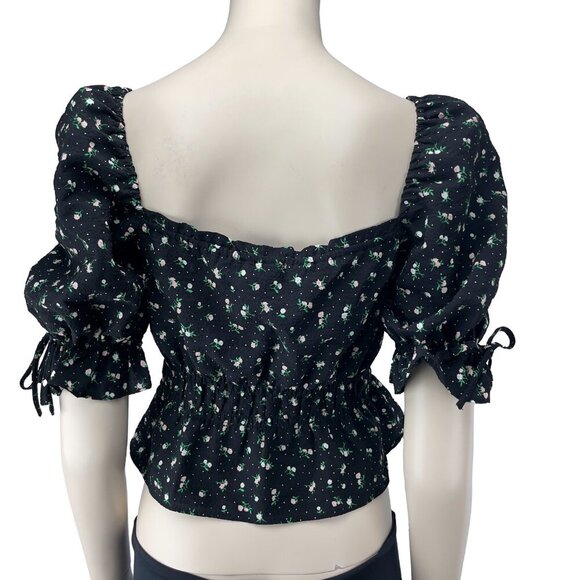 DIVIDED Peplum Peasant Whimsigoth Floral Puff Shoulders Ruched Black Top Sz S - Picture 2 of 6